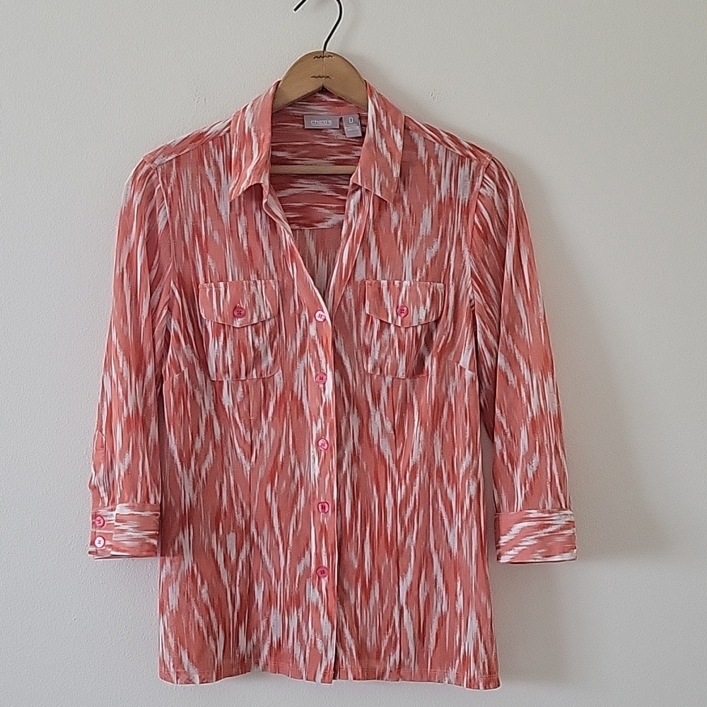 Chico's Orange Mesh Ikat Palazzo Tinslee 3/4 Sleeve Button Down Shirt Size Small
